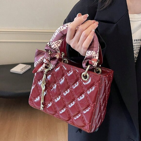 Burgundy Vintage Women's Diamond Grid Crossbody Handbag - Picture 7 of 10